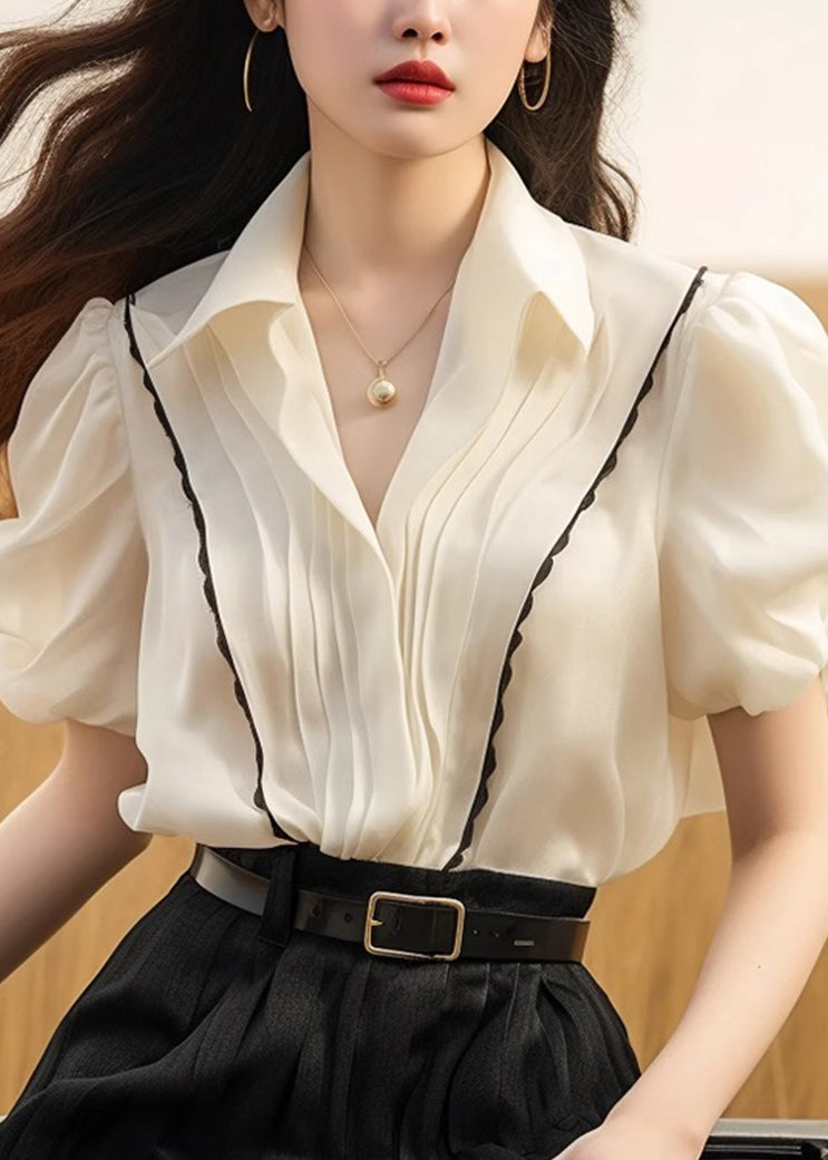 French White Peter Pan Collar Wrinkled Patchwork Silk Tops Summer