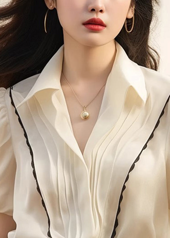 French White Peter Pan Collar Wrinkled Patchwork Silk Tops Summer