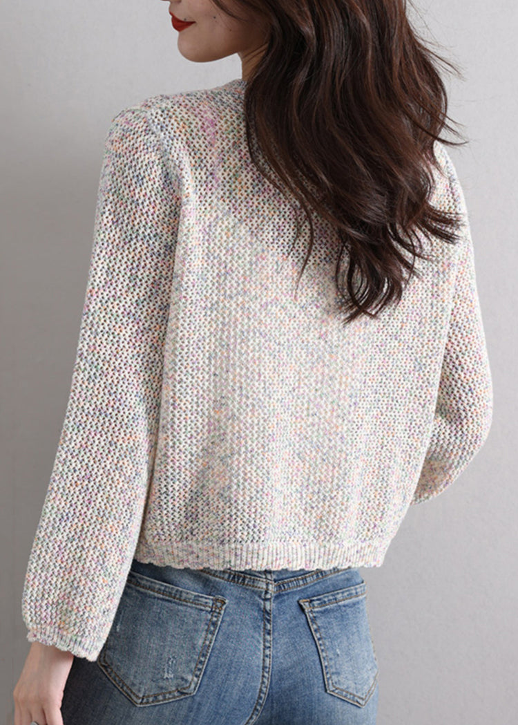 French Beige Hollow Out Button Knit Cardigan Fall