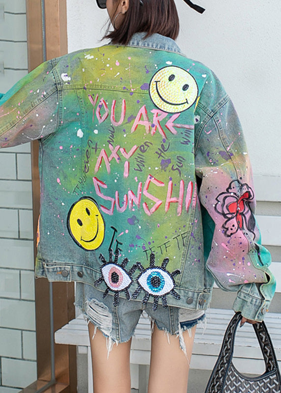 Gradient Color Blue Graffiti Pocket Peter Pan Collar Denim Coats Fall