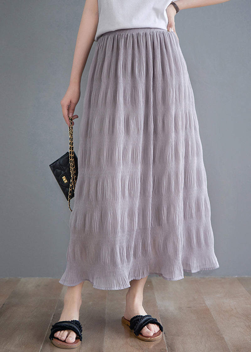 Gray Cotton Elastic Waist Wrinkled A-Line Skirt summer