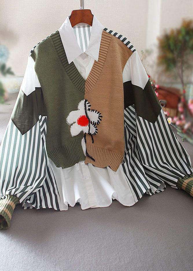 Rose Patchwork Knit Fake Two Piece Tops Embroidered Spring