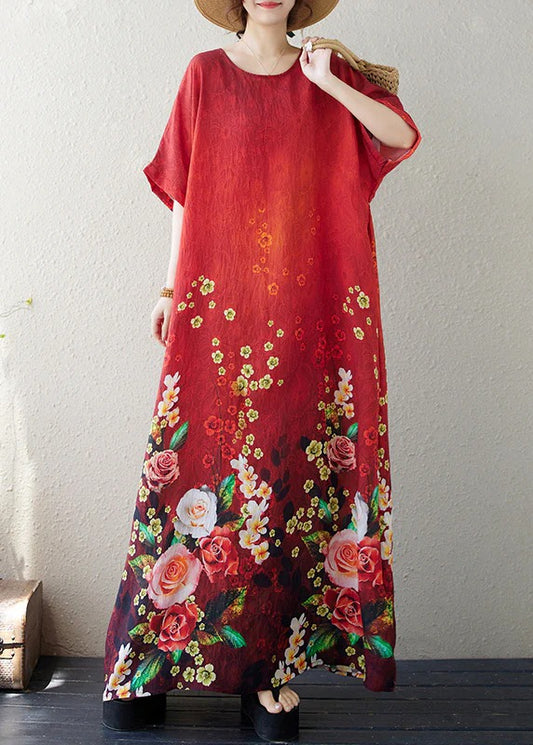 Handmade Red Oversized Floral Cotton Maxi Dresses Summer