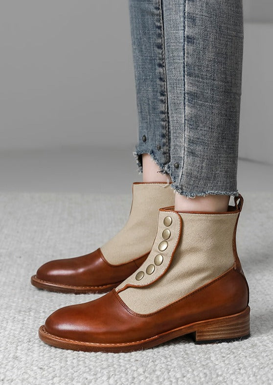 Handmade Retro Splicing Chunky Boots Brown Faux Leather