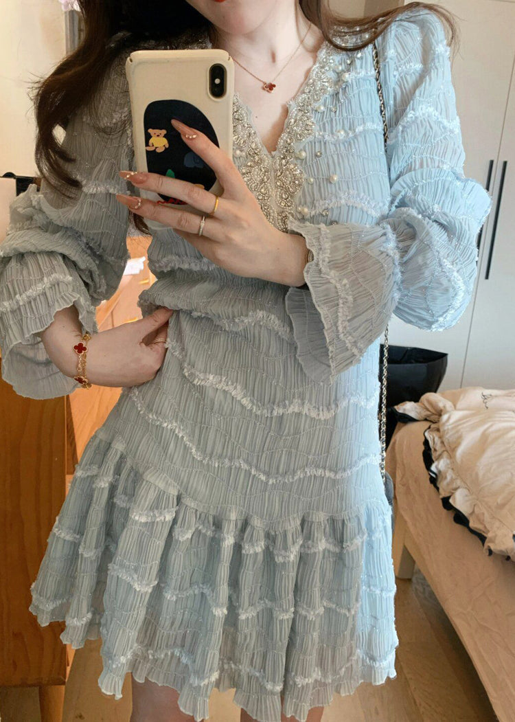 Italian Blue Ruffled Zircon Pearl Chiffon Mid Dress Spring