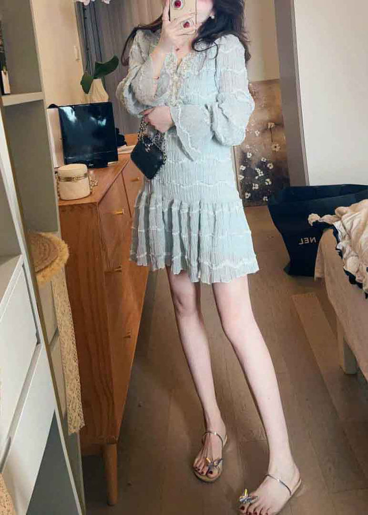 Italian Blue Ruffled Zircon Pearl Chiffon Mid Dress Spring