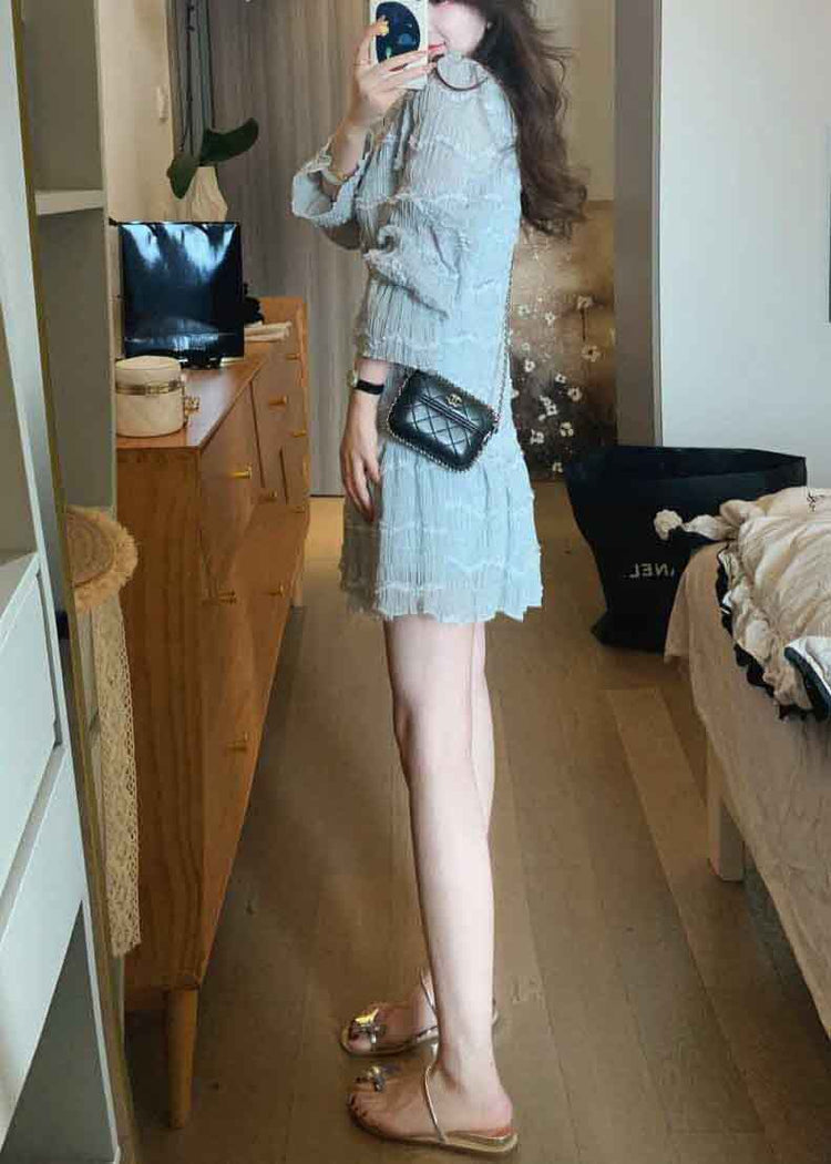 Italian Blue Ruffled Zircon Pearl Chiffon Mid Dress Spring