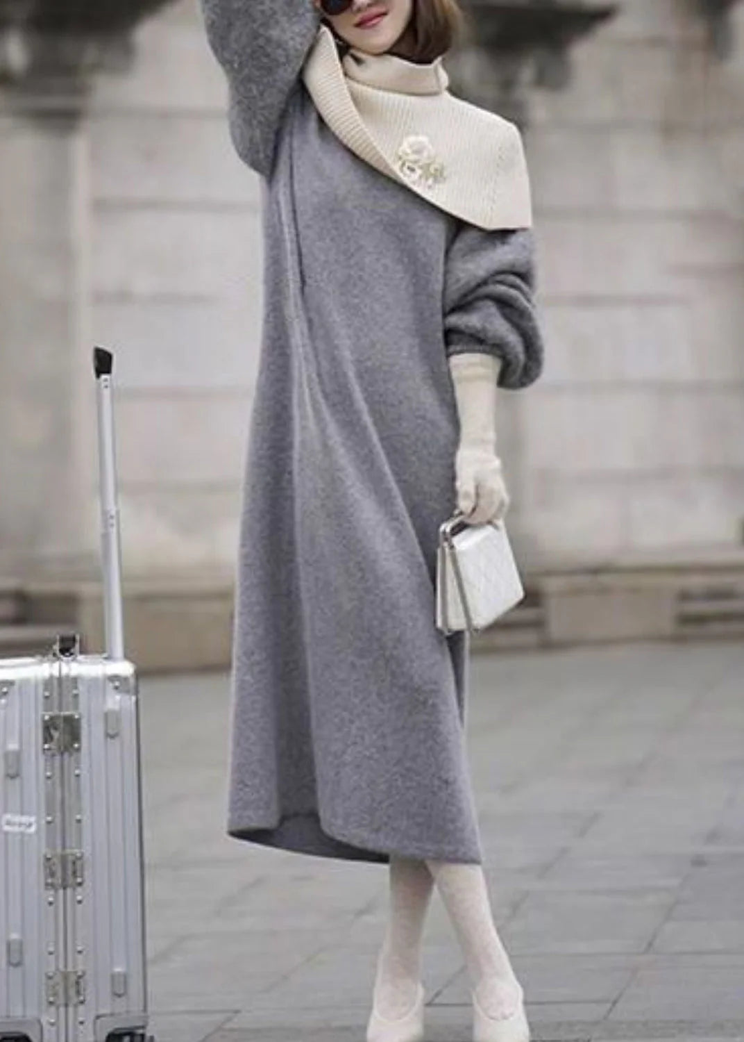 Italian Grey O Neck Sweater Dress Lantern Sleeve