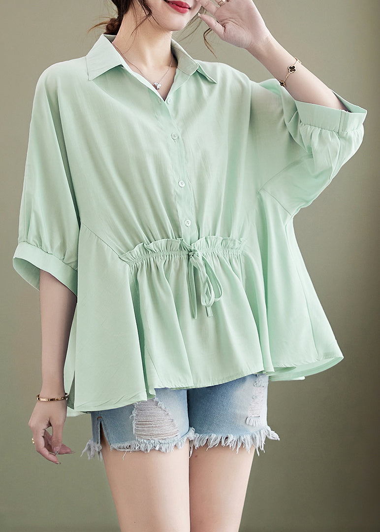 Summer Green Cotton Ruffle Cinched Blouse Top