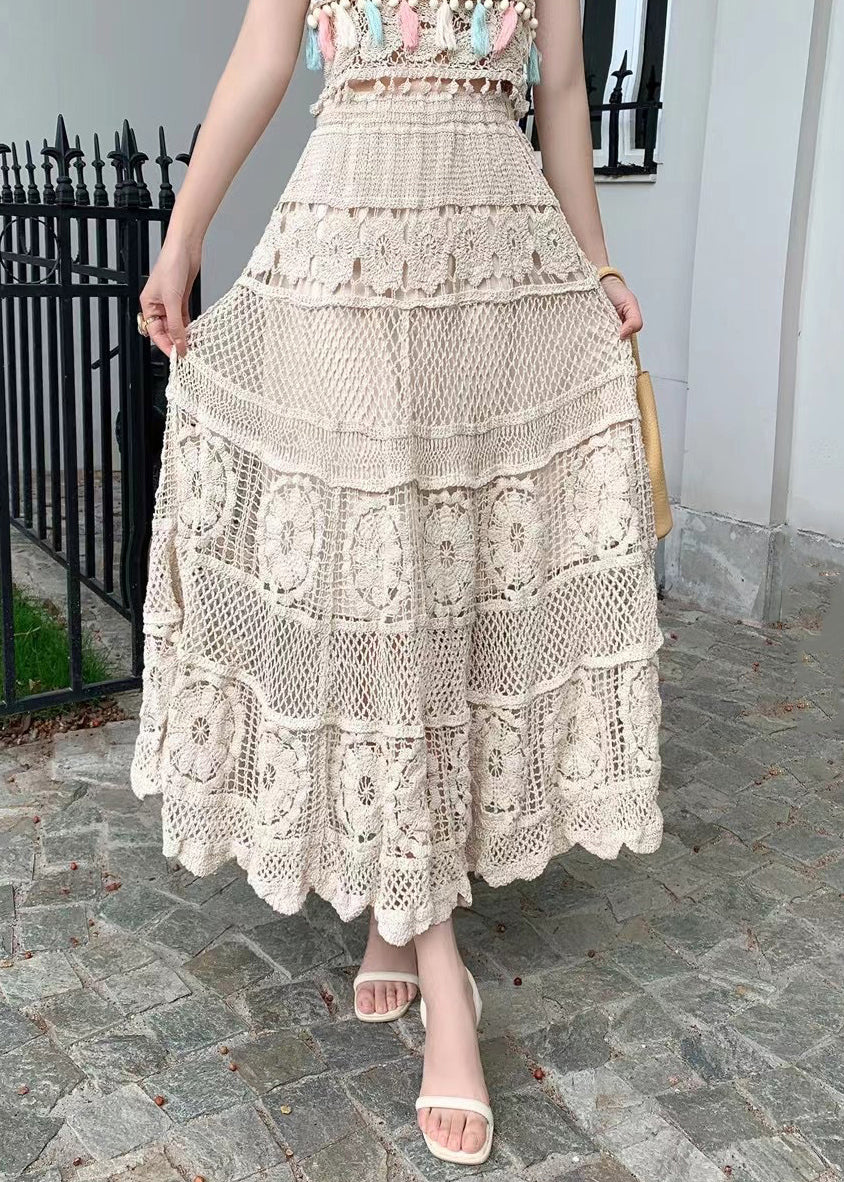 Loose Apricot Hollow Out Elastic Waist Skirts Summer