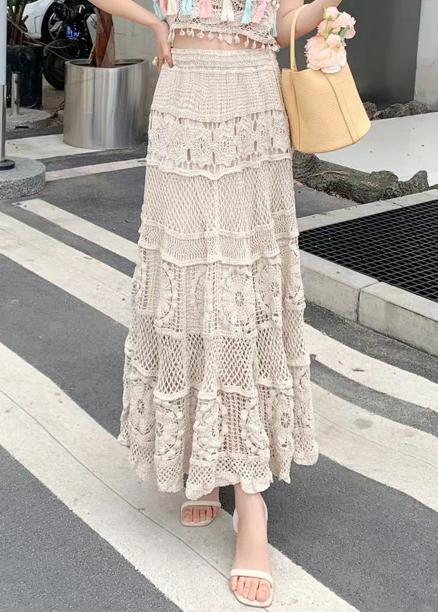 Loose Apricot Hollow Out Elastic Waist Skirts Summer