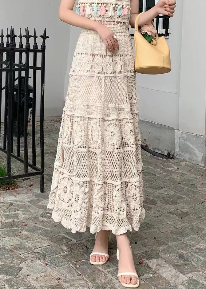 Loose Apricot Hollow Out Elastic Waist Skirts Summer