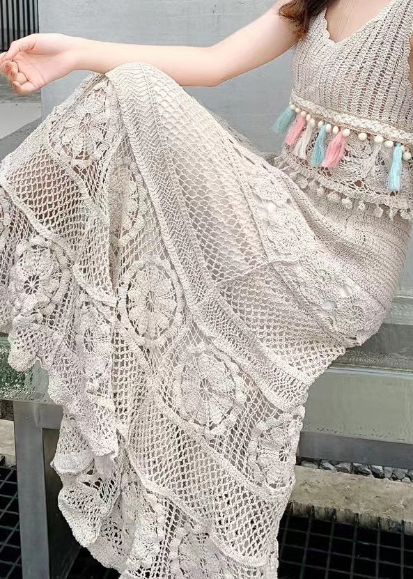 Loose Apricot Hollow Out Elastic Waist Skirts Summer