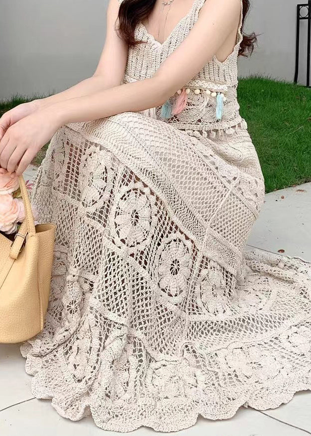 Loose Apricot Hollow Out Elastic Waist Skirts Summer