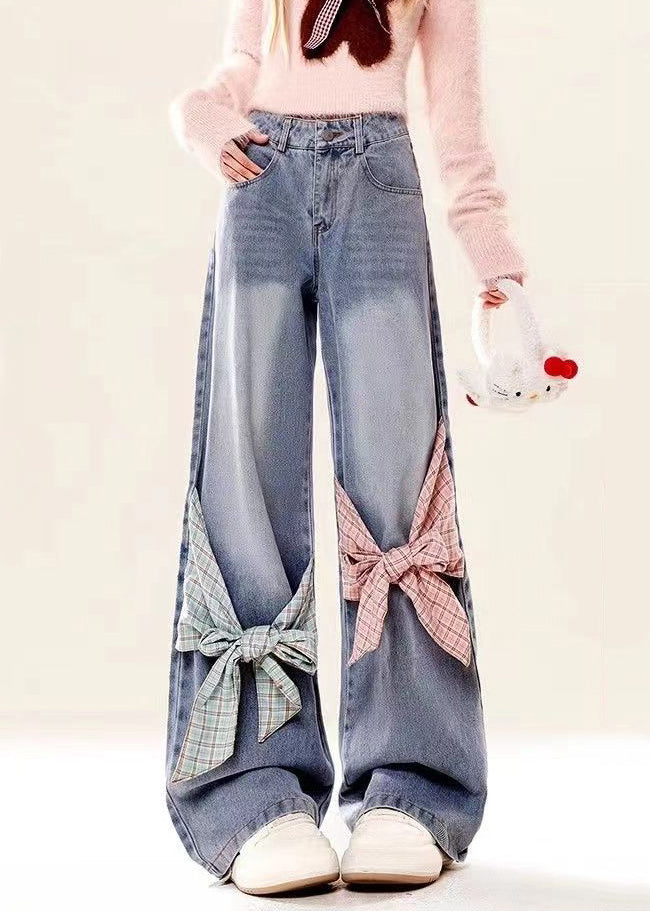 Loose Blue Bow Pockets High Waist Denim Pants Spring