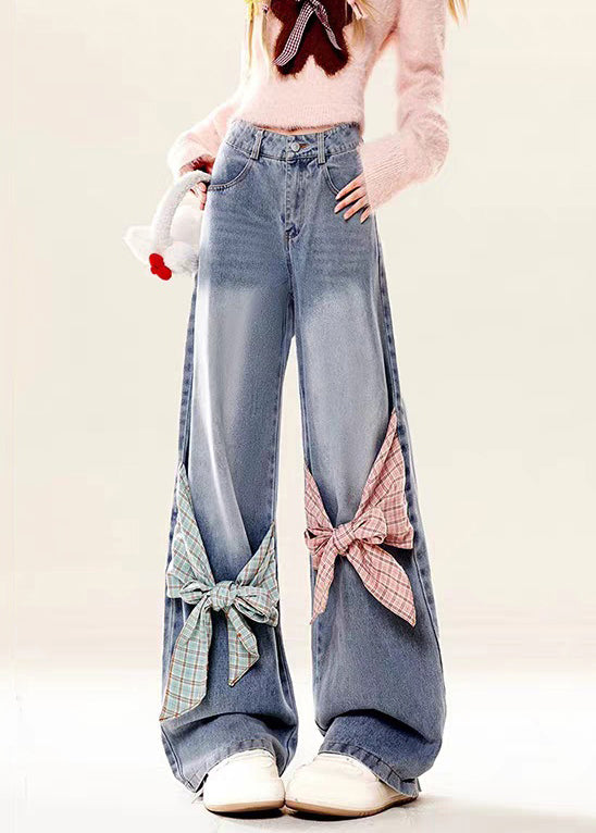 Loose Blue Bow Pockets High Waist Denim Pants Spring
