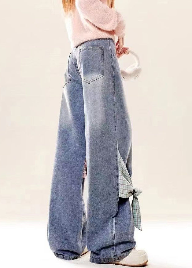 Loose Blue Bow Pockets High Waist Denim Pants Spring