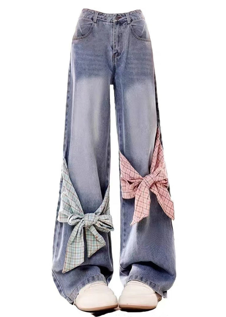 Loose Blue Bow Pockets High Waist Denim Pants Spring