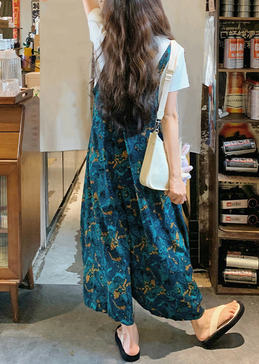 Loose Blue Print High Waist Cotton Jumpsuits Pants Summer