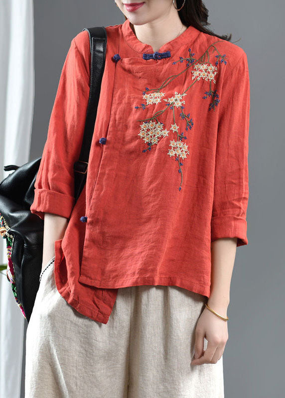 Loose Orange Embroideried Floral Linen Top Half Sleeve