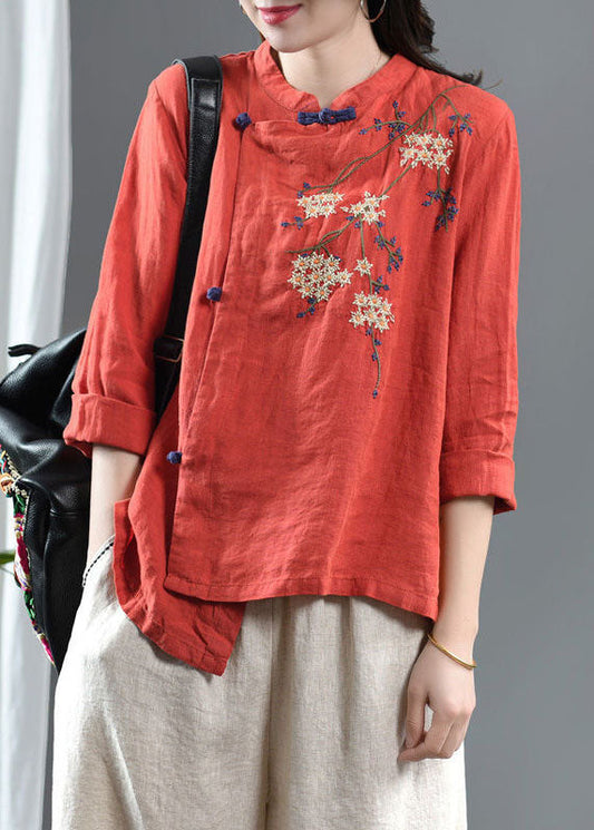 Loose Orange Embroideried Floral Linen Top Half Sleeve