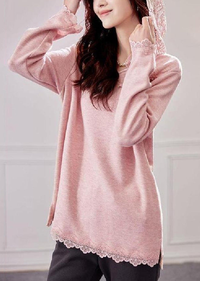 Loose Pink Hooded Lace Patchwork Knit Shirt Tops Spring