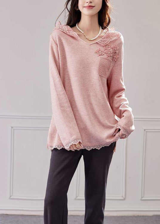 Loose Pink Hooded Lace Patchwork Knit Shirt Tops Spring