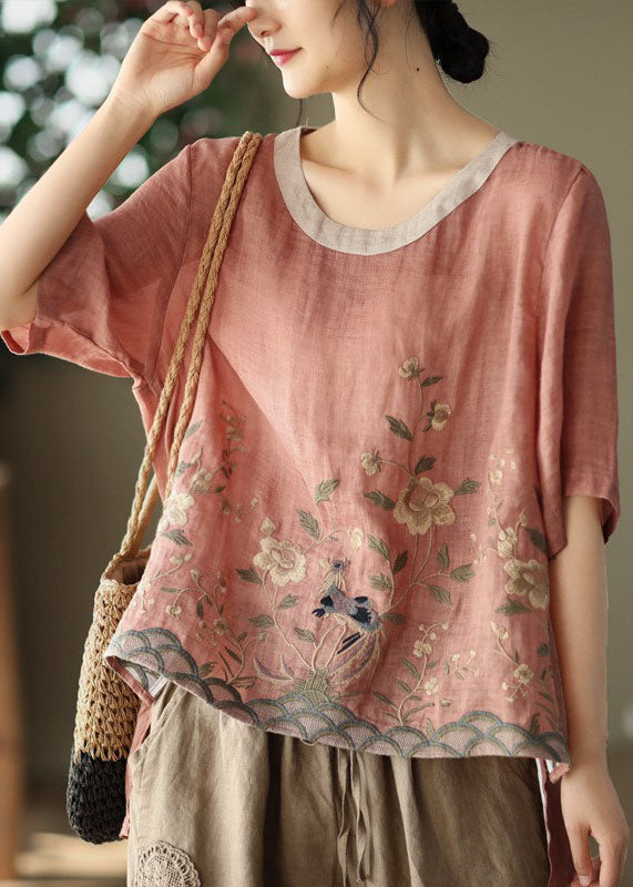 Loose Pink O-Neck Linen Embroidered Tank Top Short Sleeves