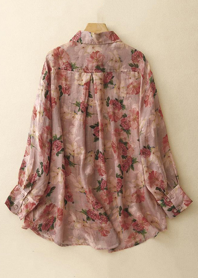 Loose Pink Peter Pan Collar Print Pockets Linen Shirt Spring