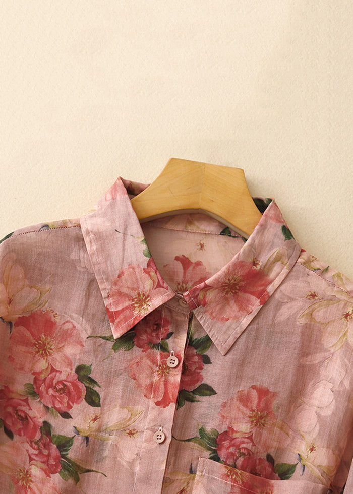 Loose Pink Peter Pan Collar Print Pockets Linen Shirt Spring
