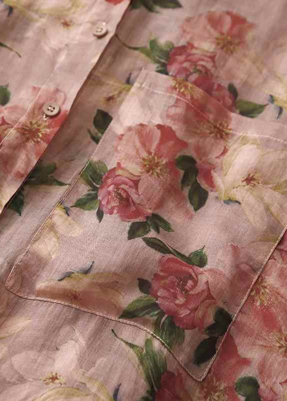 Loose Pink Peter Pan Collar Print Pockets Linen Shirt Spring