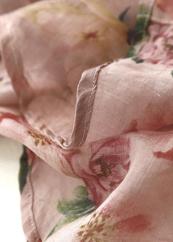 Loose Pink Peter Pan Collar Print Pockets Linen Shirt Spring