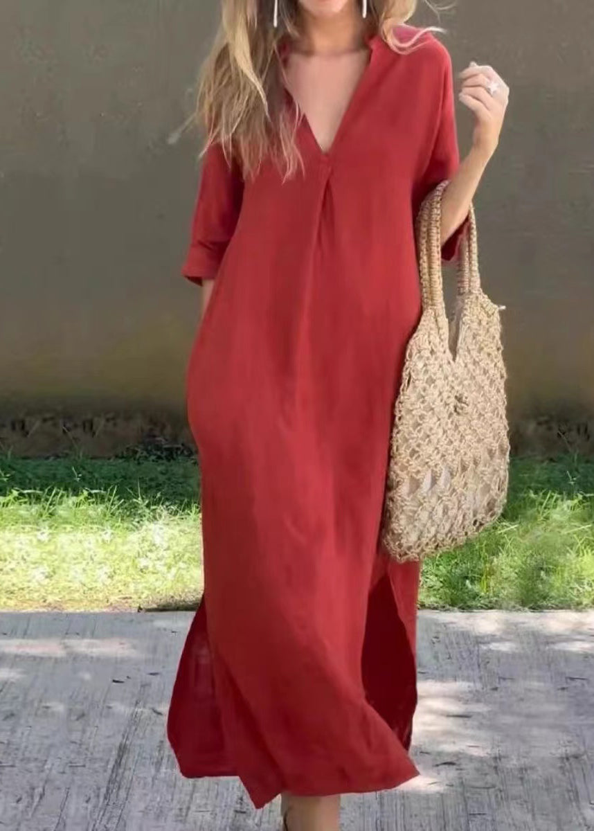 Loose Red V Neck Side Open Linen Holiday Dress Half Sleeve