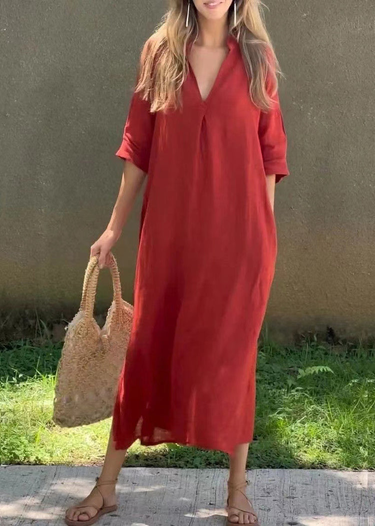 Loose Red V Neck Side Open Linen Holiday Dress Half Sleeve