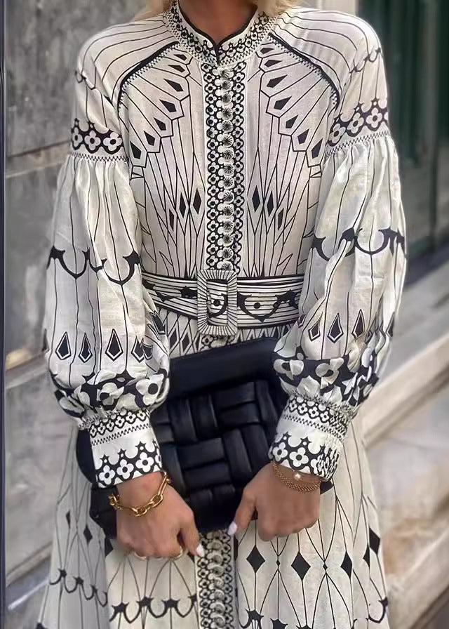 Loose White Print Sashes Cotton Maxi Dress Lantern Sleeve