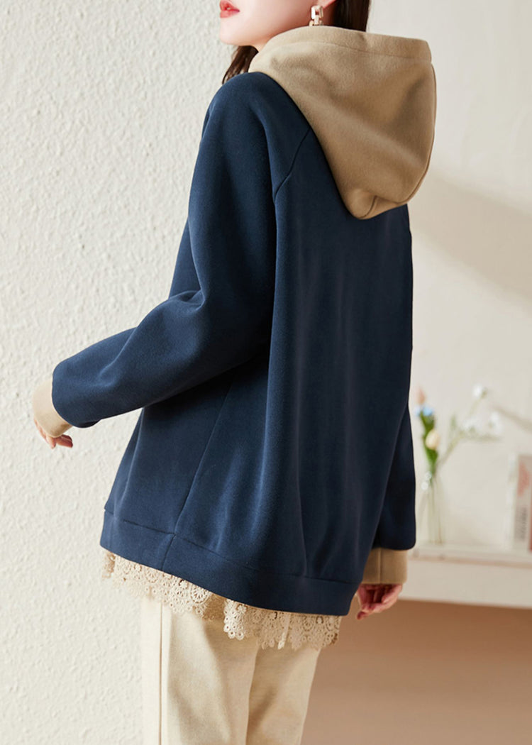 Loose Navy Hooded Nail Bead Patchwork Fleece Sweatshirt Long Sleeve