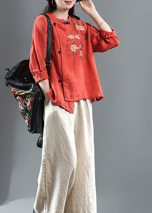 Loose Orange Embroideried Floral Linen Top Half Sleeve