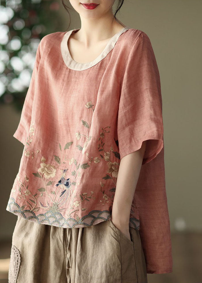 Loose Pink O-Neck Linen Embroidered Tank Top Short Sleeves