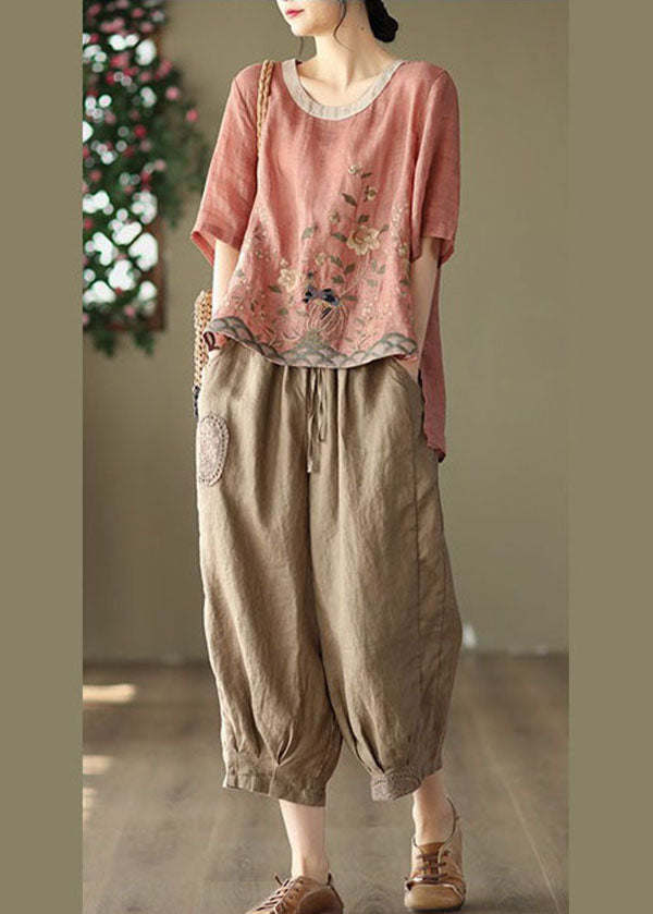 Loose Pink O-Neck Linen Embroidered Tank Top Short Sleeves