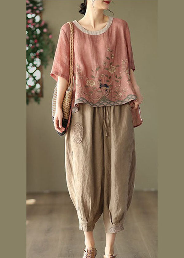 Loose Pink O-Neck Linen Embroidered Tank Top Short Sleeves