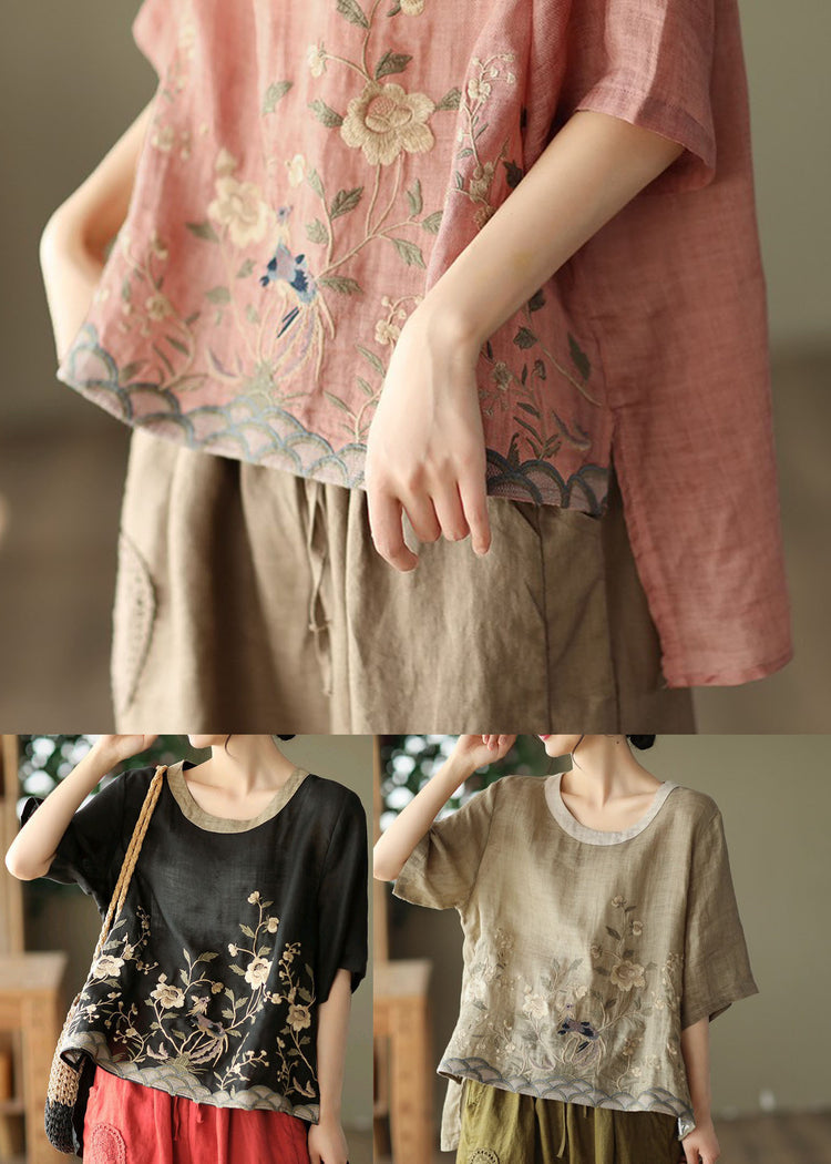 Loose Pink O-Neck Linen Embroidered Tank Top Short Sleeves