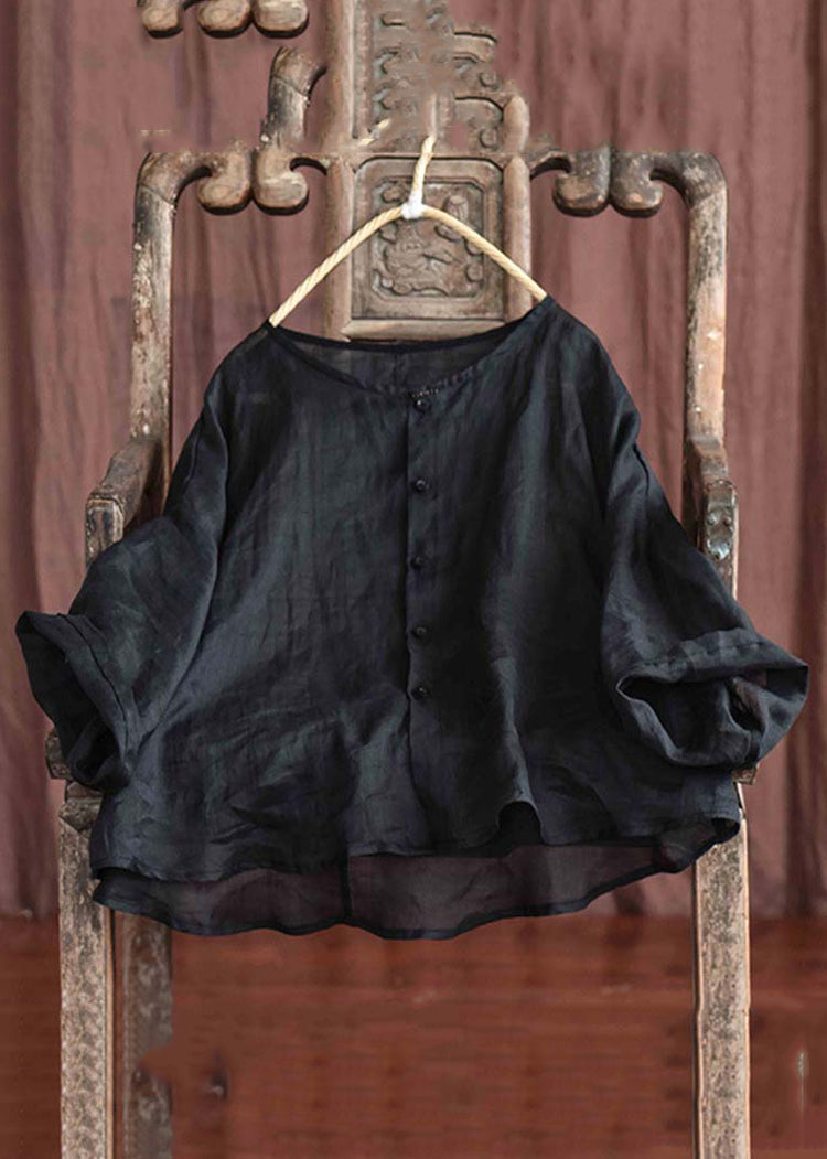 Loose Red O-Neck Low High Design Linen Tops Bracelet Sleeve