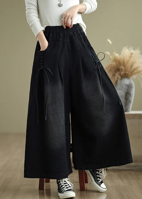 Denim Blue Cross Strap Wide Leg Pants Wrinkled Summer