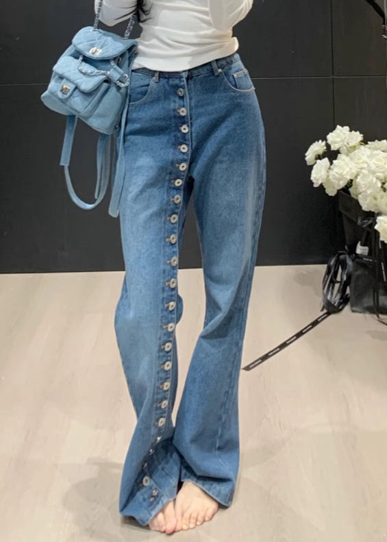 Modern Blue Asymmetrical Button High Waist Denim Straight Pants Spring
