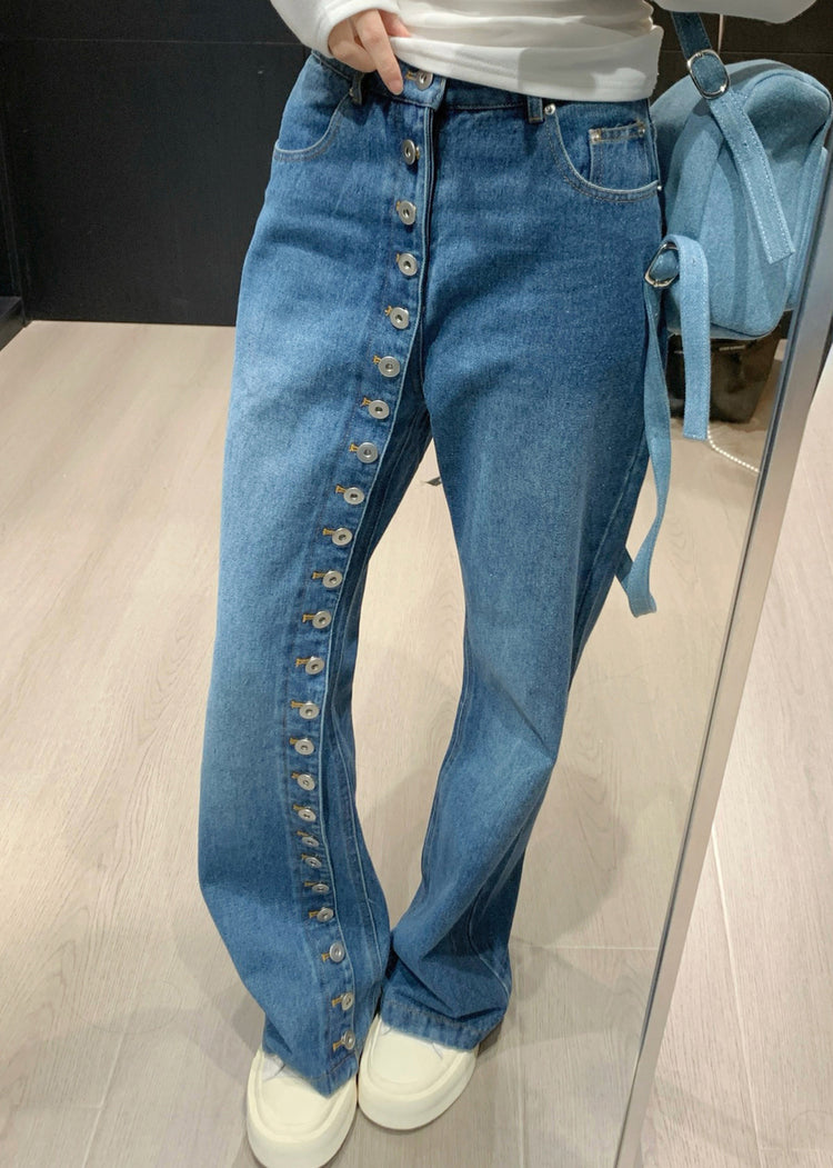 Modern Blue Asymmetrical Button High Waist Denim Straight Pants Spring