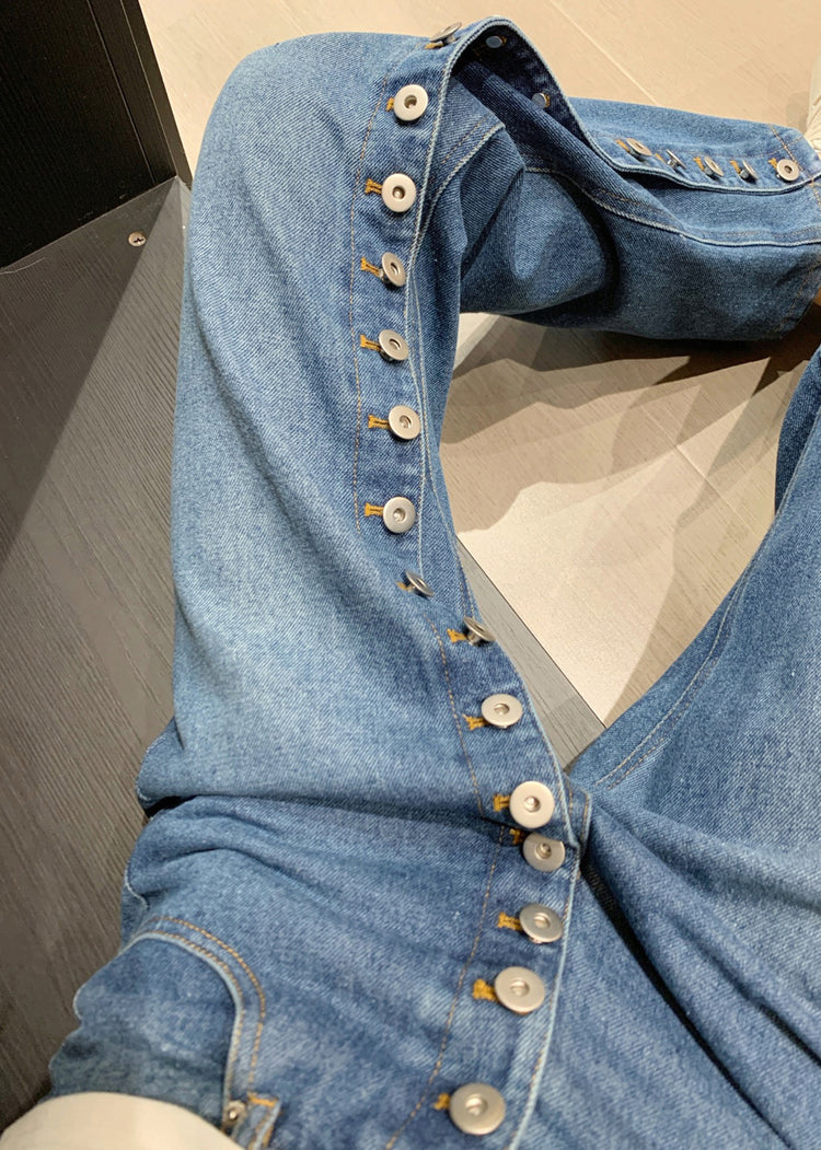 Modern Blue Asymmetrical Button High Waist Denim Straight Pants Spring