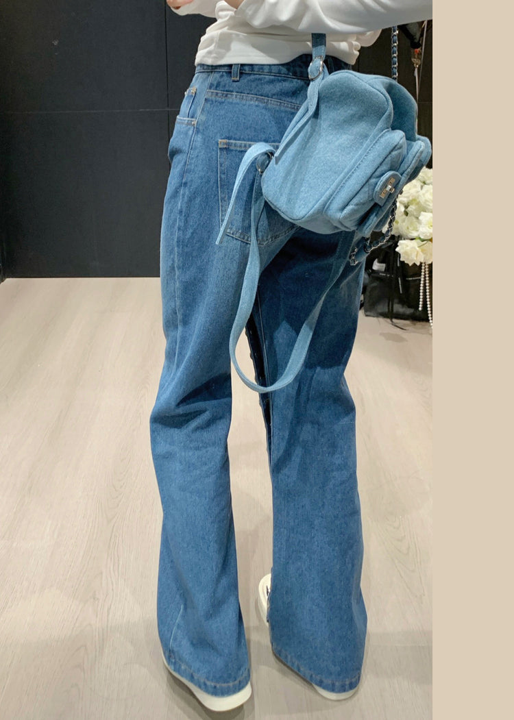 Modern Blue Asymmetrical Button High Waist Denim Straight Pants Spring
