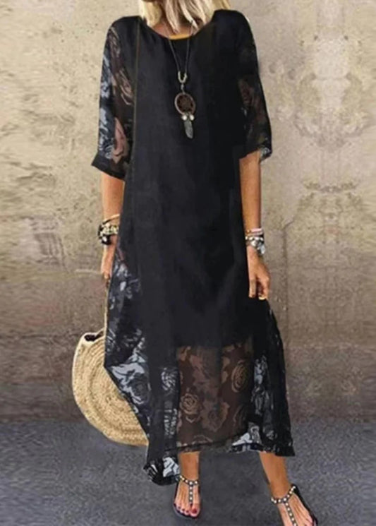 Natural Black Hollow Out Lace Holiday Dresses Summer