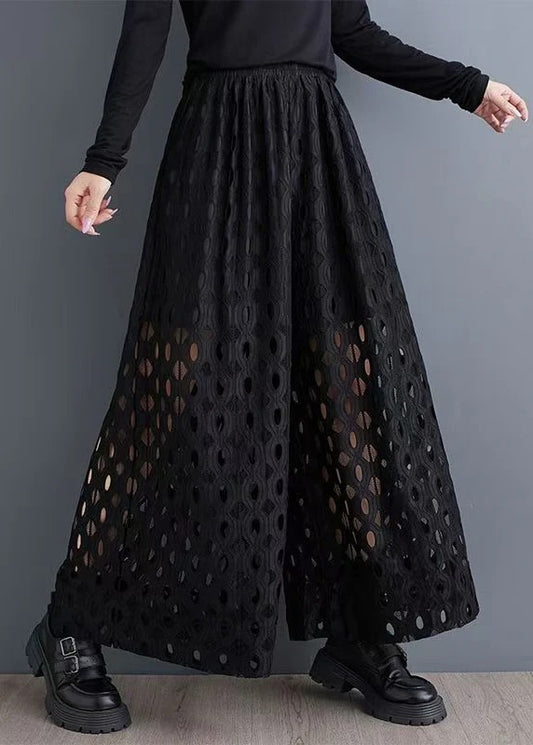 Natural Black Hollow Out Wide Leg Pants Trousers Summer