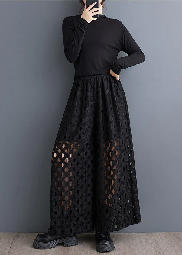 Natural Black Hollow Out Wide Leg Pants Trousers Summer